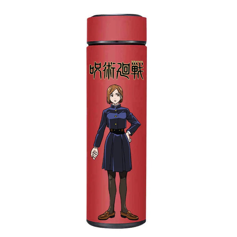 Jujutsu Kaisen thermos, close-up on Gojo, Nobara, and Yuji artwork.