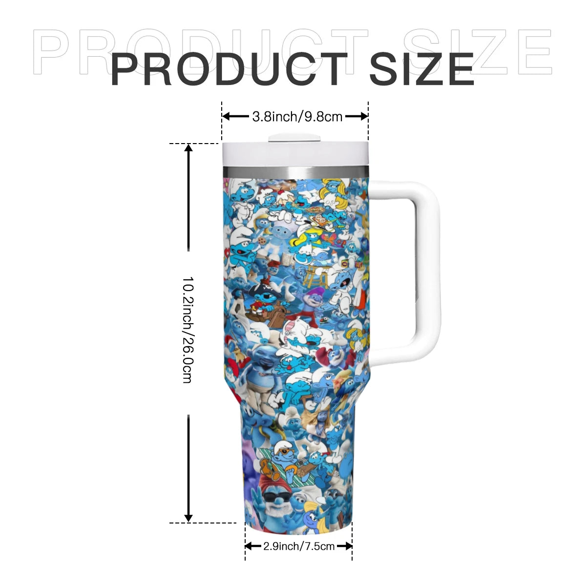 Insulated Smurfs tumbler, 40oz, stainless steel, with straw.