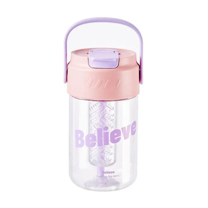 Eco-conscious pink water bottle, 600ml, includes straw, secure lid, and a practical carrying handle.