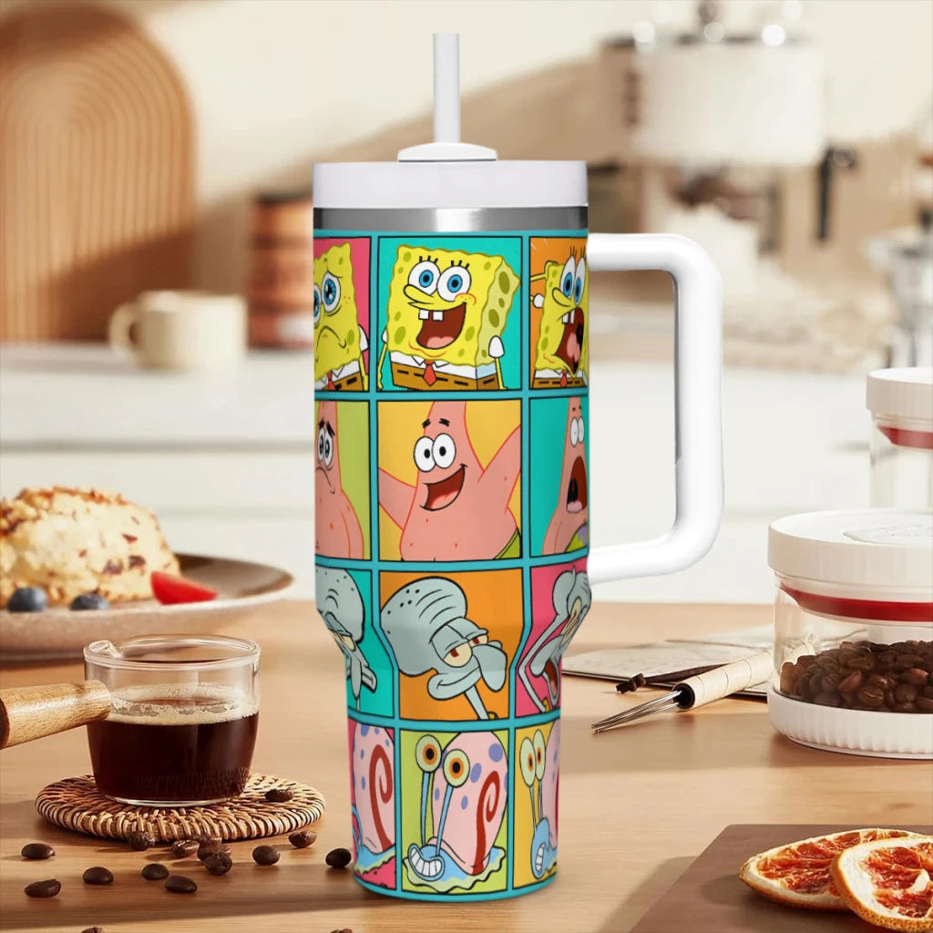 Insulated SpongeBob tumbler, 40 oz, stainless steel, handle, straw, detailed design.