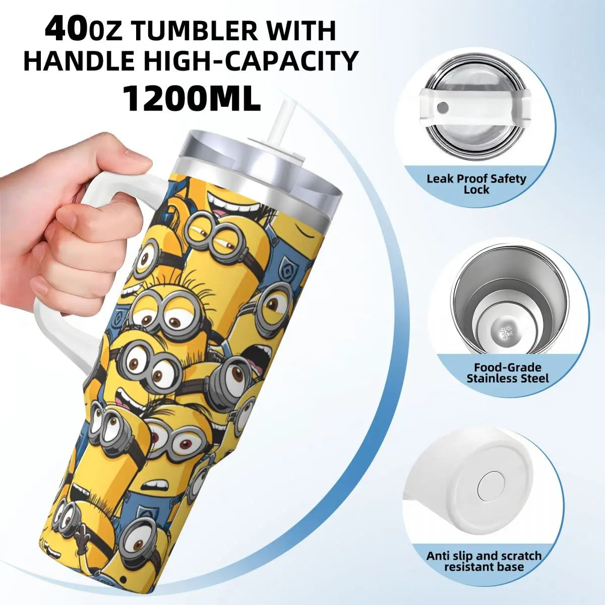 Minions stainless steel tumbler, close-up of character design, with straw.