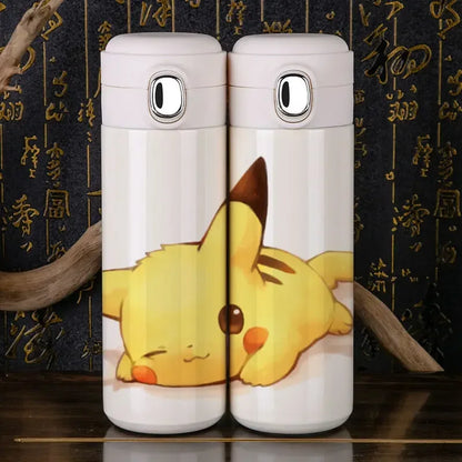 Pikachu stainless steel water bottle, full view on white background.