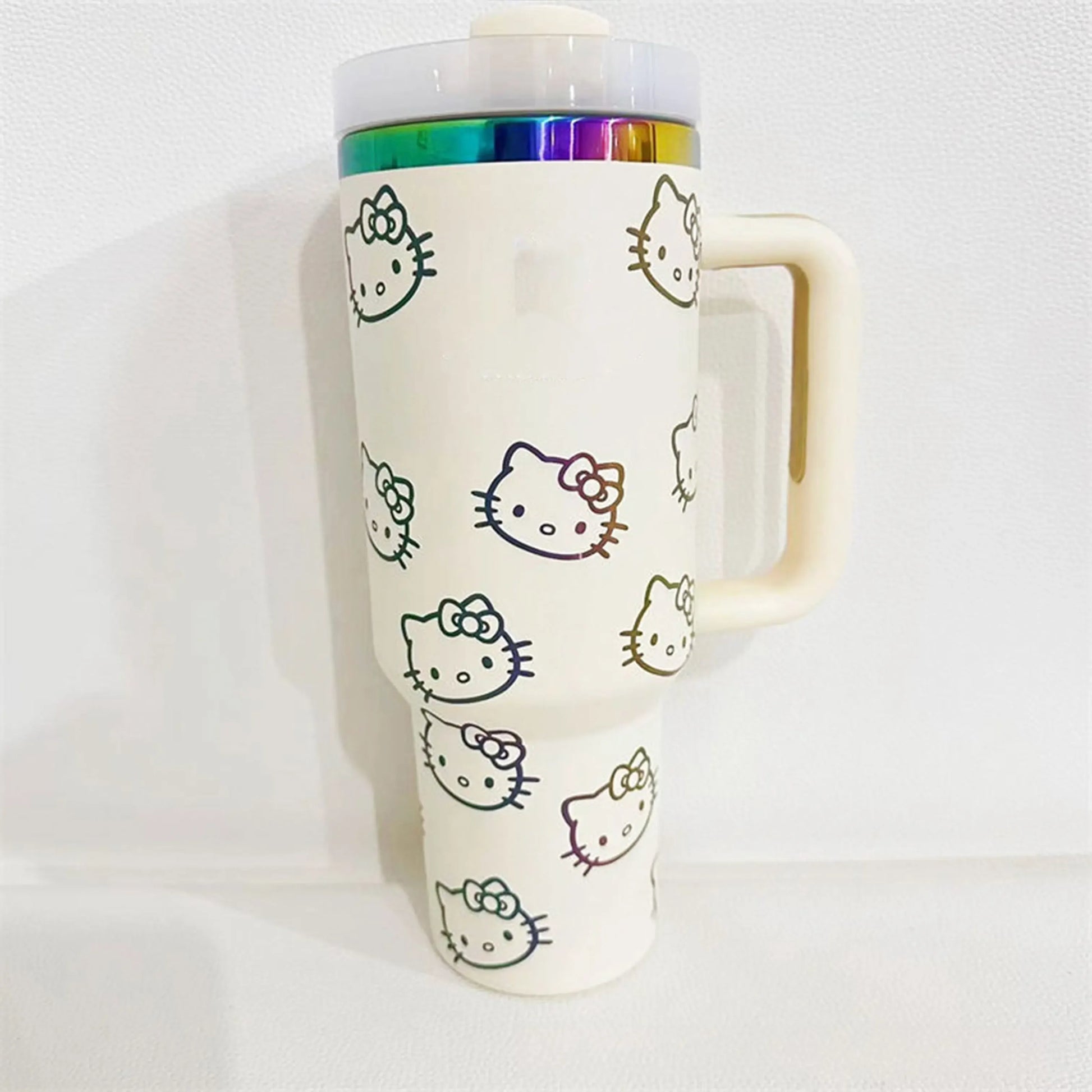 40oz Insulated Tumbler with Hello Kitty Christmas 2024 print, side view.