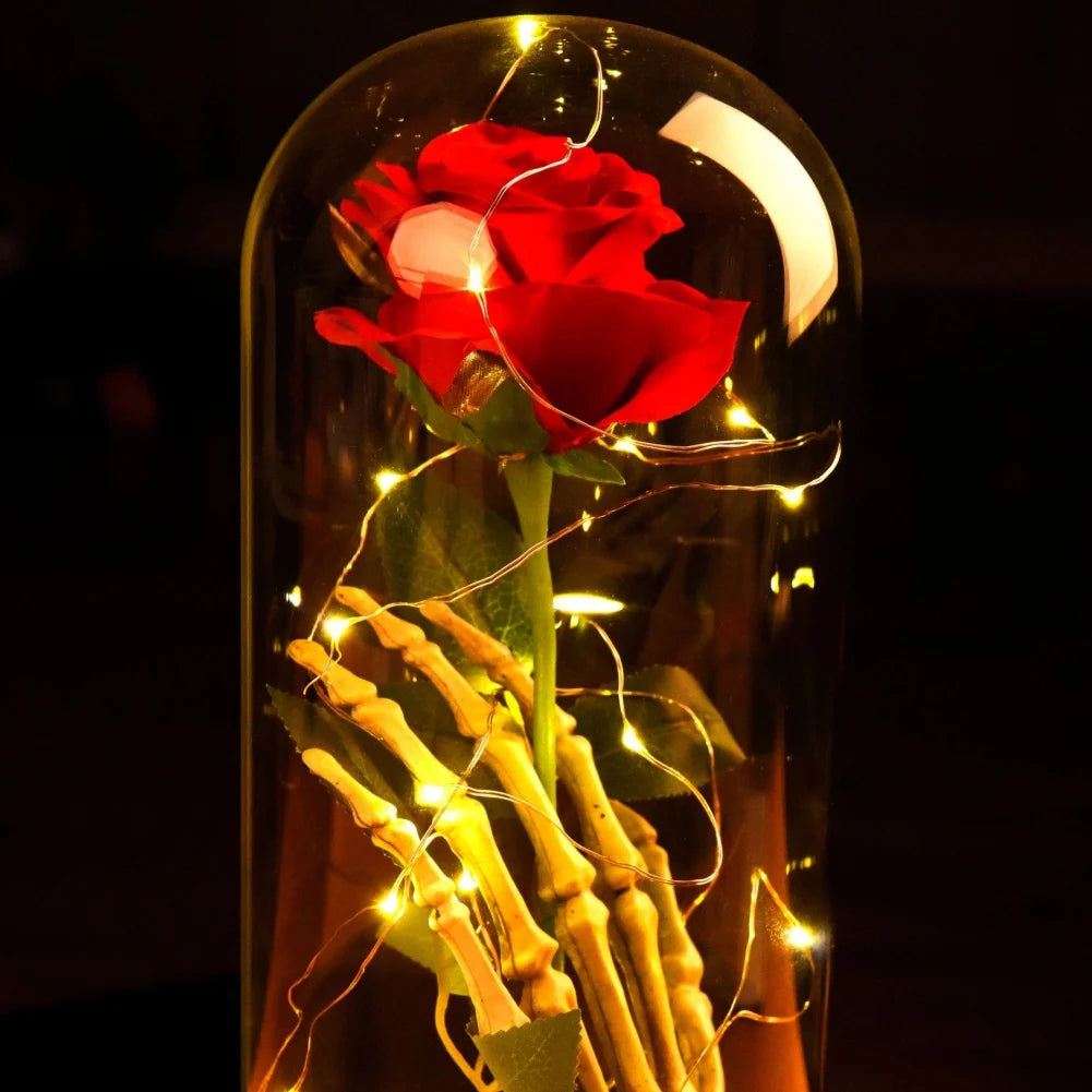 Preserved rose with LED lighting, in a glass dome, top view, Valentine's Day