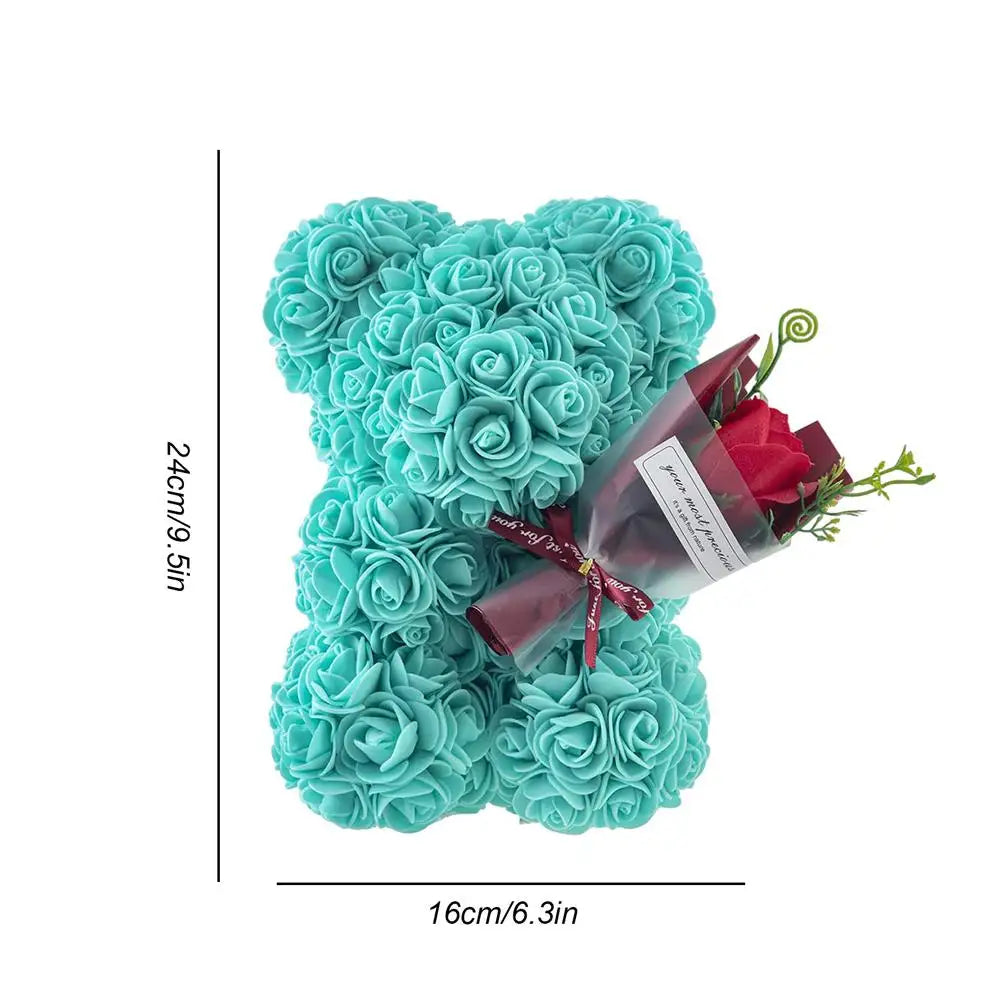 Red rose bear, front view, romantic gift, artificial flowers