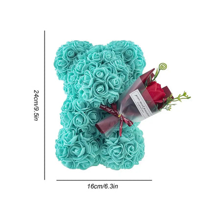 Red rose bear, front view, romantic gift, artificial flowers