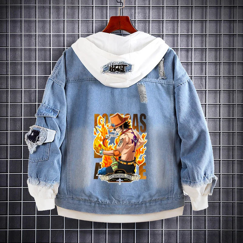 One Piece denim jacket, front view featuring Luffy, Zoro, and Ace.