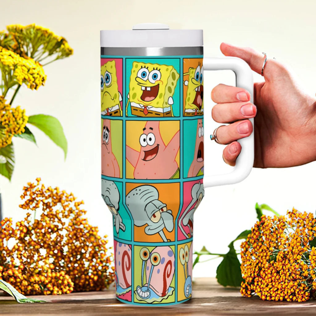 SpongeBob tumbler with handle & straw, 40 oz, stainless steel, insulated, side view.