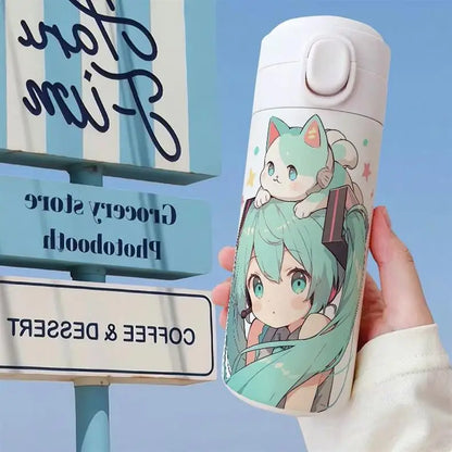 Official Hatsune Miku thermos, 420ML, stainless steel, angle view showing lid.