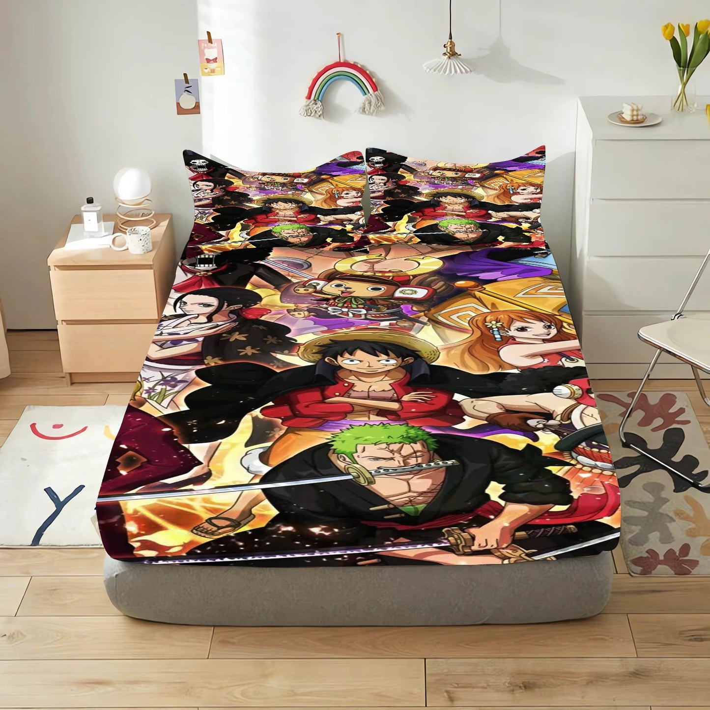 One Piece Luffy fitted sheet set for kids, featuring a vibrant print of Monkey D. Luffy, made of soft polyester.