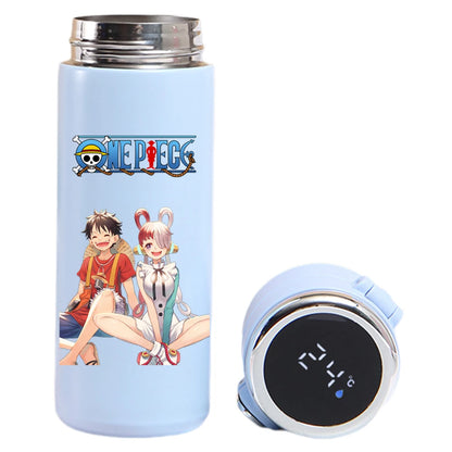 One Piece thermos: Luffy, Uta, Yamato design, smart temperature display.