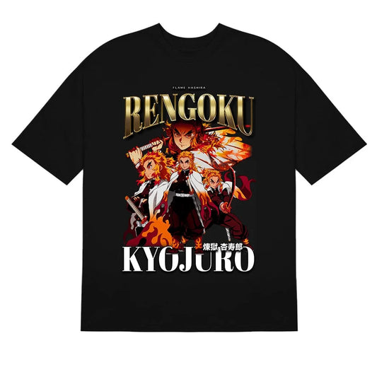 Demon Slayer Rengoku Kyojuro Flame Hashira tribute t-shirt featuring anime graphic design.