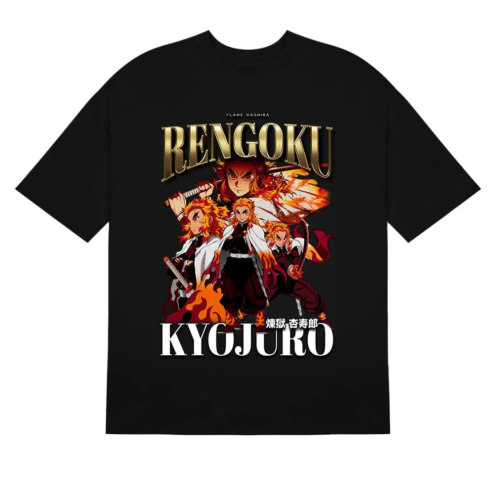 Rengoku Kyojuro Flame Hashira T-Shirt, side view, showing sleeve design elements.