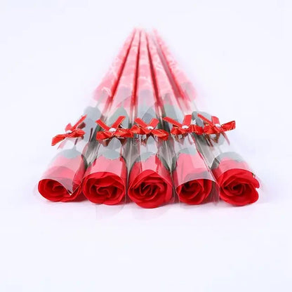 Red artificial rose stem, detailed soap flower design.