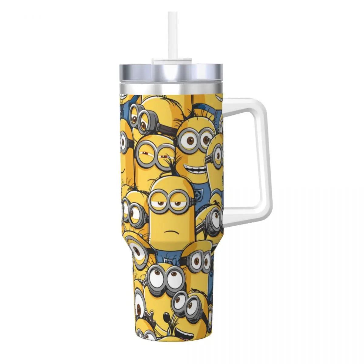 Minions travel mug, held in hand, showcasing size and design, with straw.