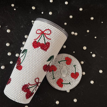 White 22oz tumbler, red cherries, rhinestone detail, handmade, includes straw.