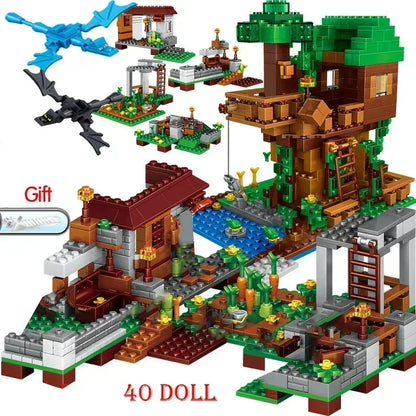 Minecraft village playset: Buildable houses and villager figures.