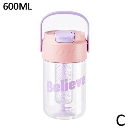 Spill-proof pink water bottle, 600ml, eco-friendly plastic, convenient straw and handle included.