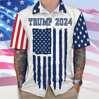 Detail of the fabric and stitching on a men's Trump T-shirt with a 3D-printed design.