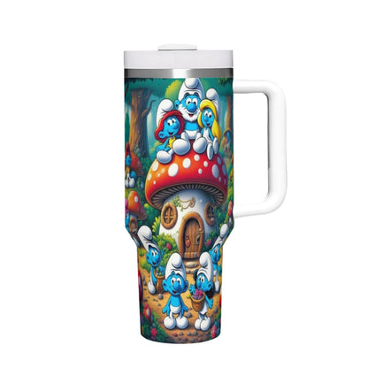 40oz Smurfs tumbler, close-up, showing character details.