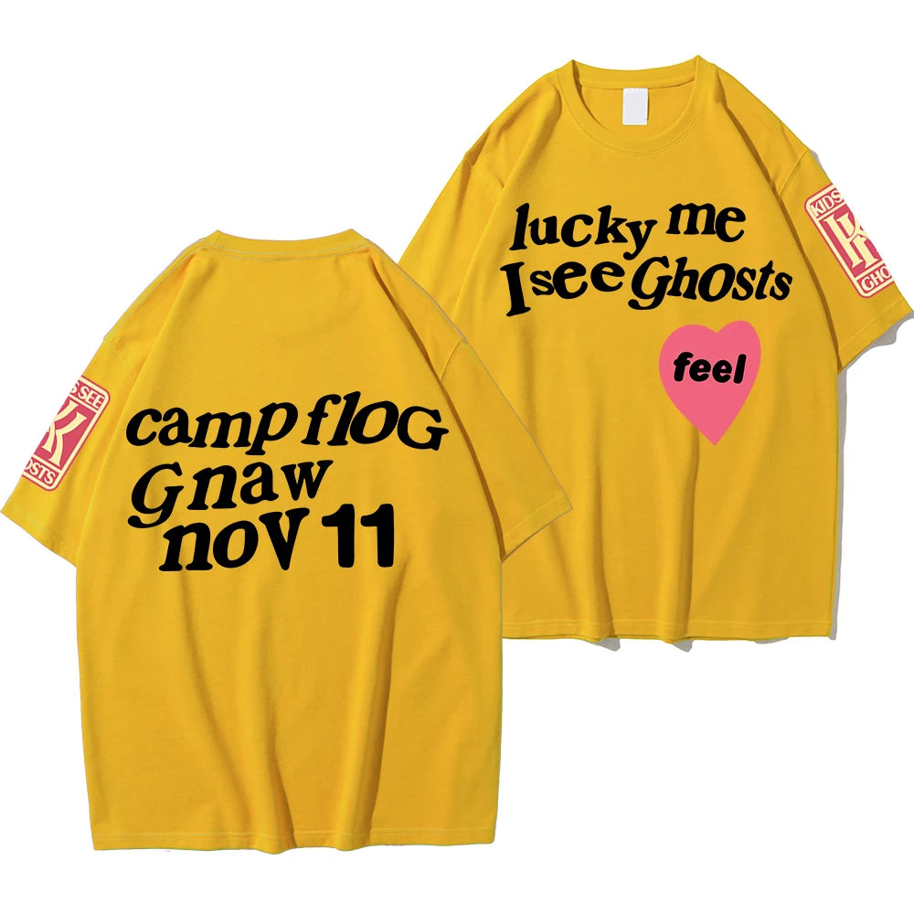 Woman wearing white Lucky Me I See Ghosts oversized tee