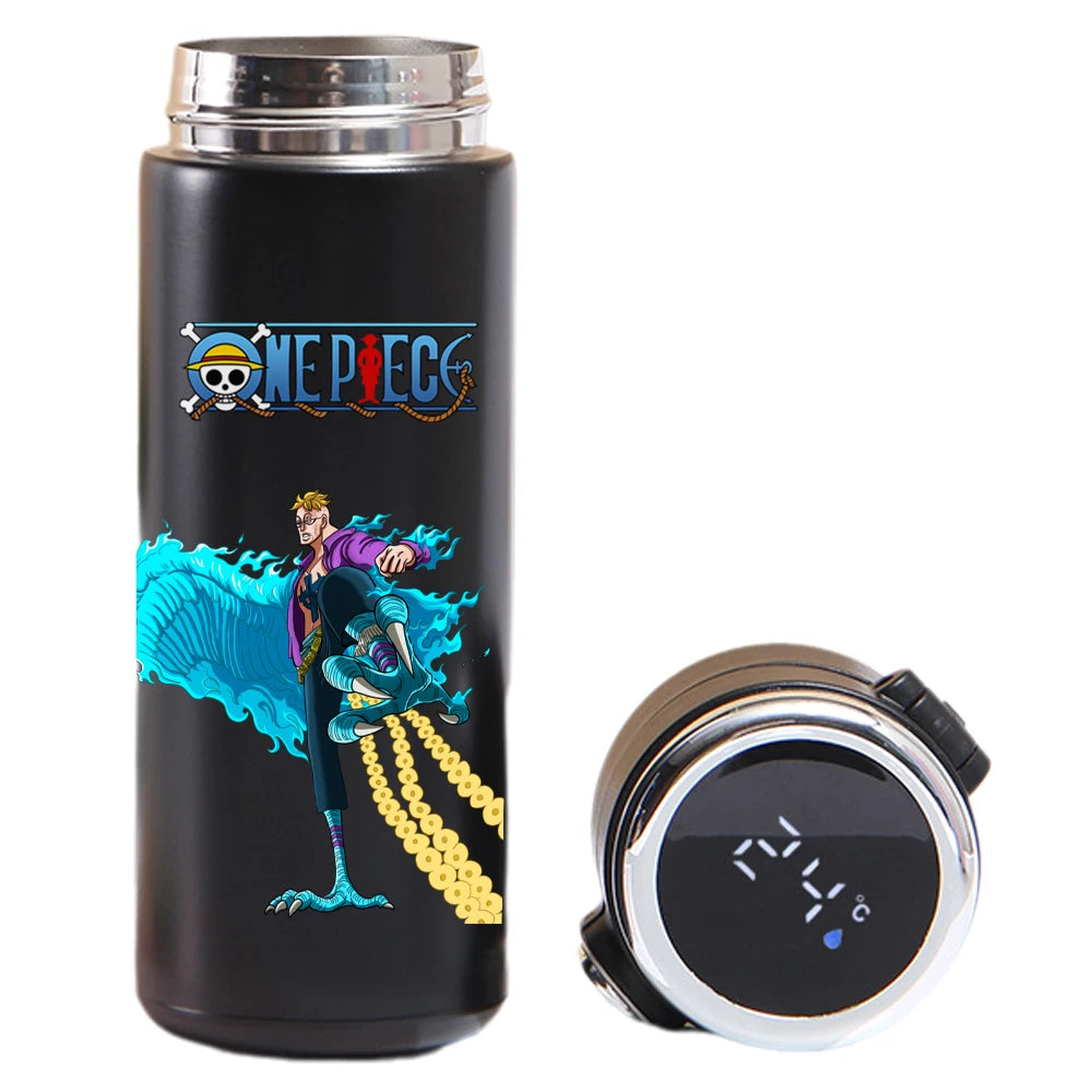 Thermos cup featuring Luffy, Uta, Yamato from One Piece, smart display.