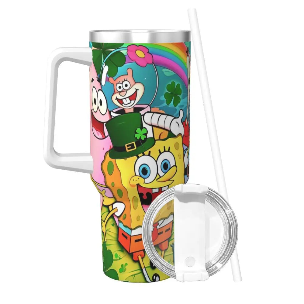 Stanley Tumbler 3D Funny Anime Stainless Steel Spongebob Cartoon Thermal Cup with Straw and Lid, Large Mug, Cold Drink Water Bottle, Owala Tumbler