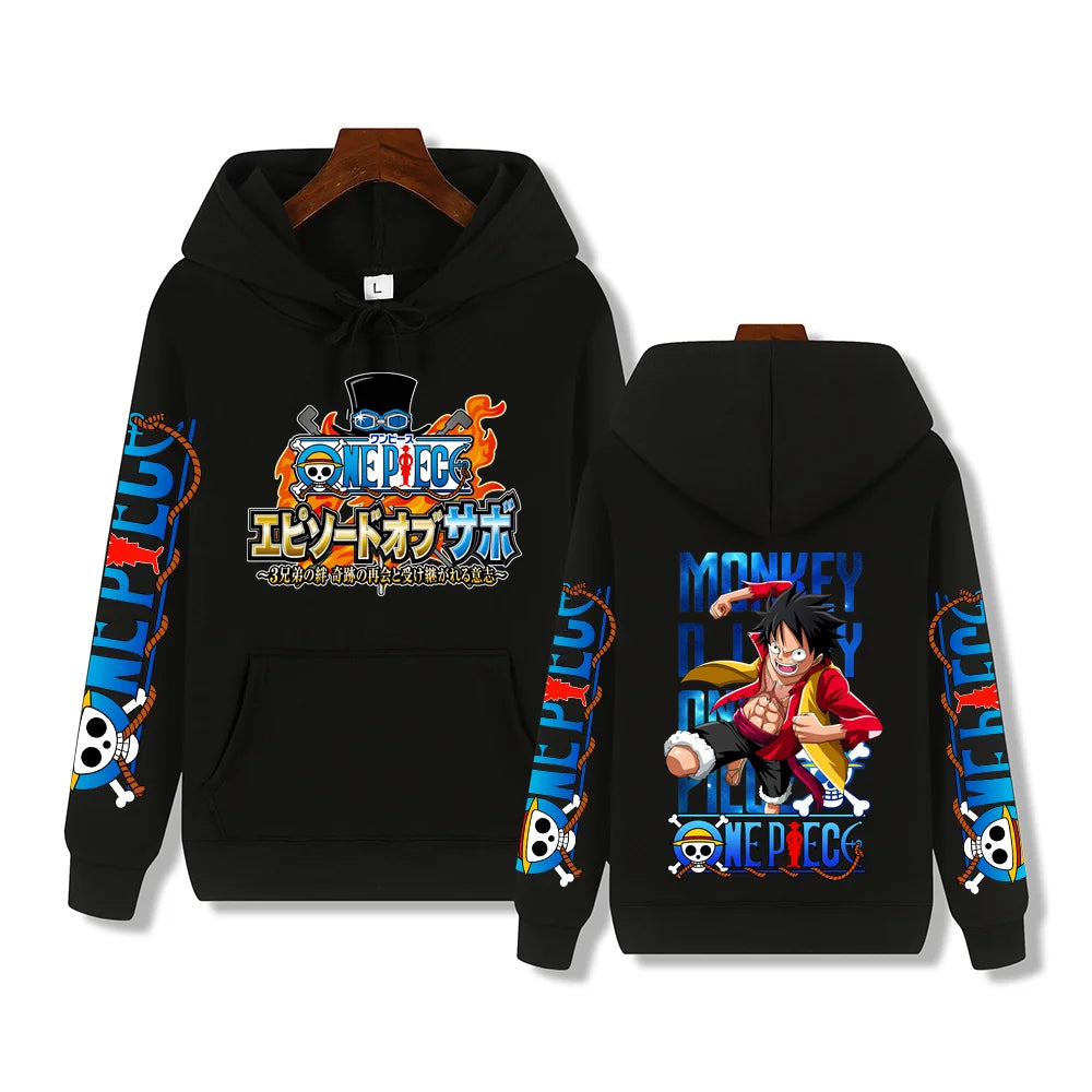 One Piece Luffy print men's hoodie, thick and warm for autumn and winter, casual streetwear style.