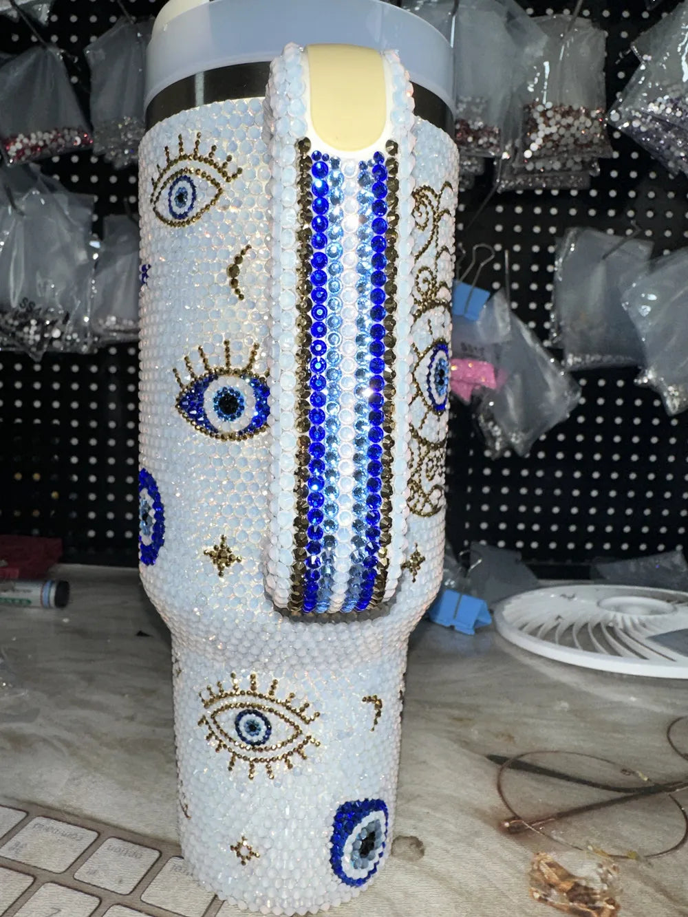 Personalized Tumbler, 40oz, White Bling, Evil Eye Design, Lid & Straw Included