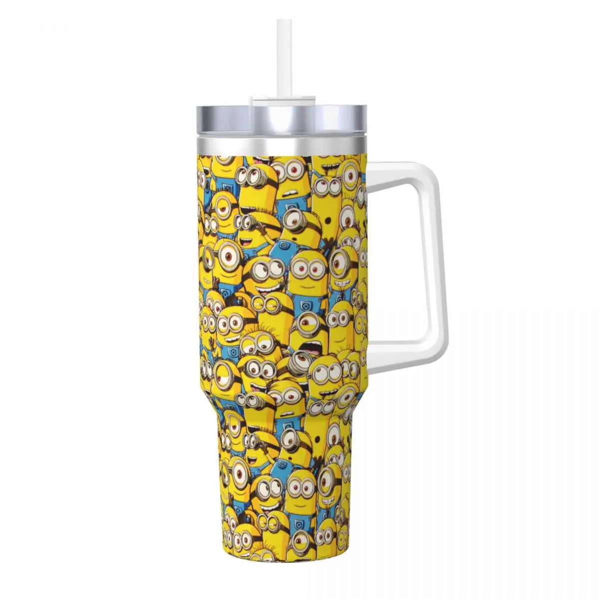 Minions travel mug, held in hand, showcasing size and design, with straw.