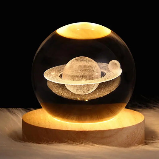 3D Crystal Ball Night Light with Moon Design on Wooden Base