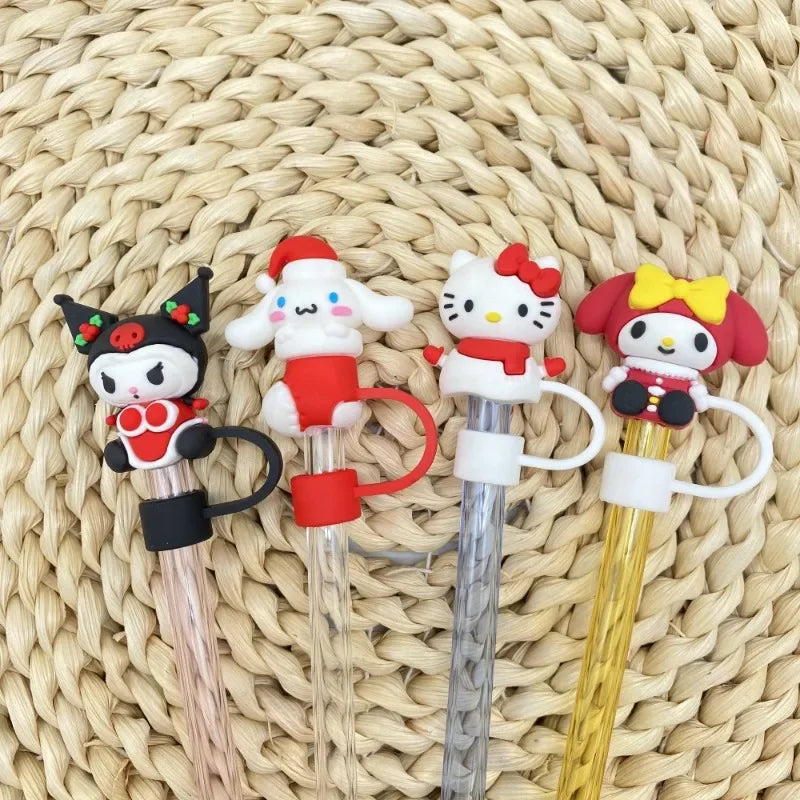 Festive Hello Kitty straw cover, red and white Santa outfit, 10mm straw accessory