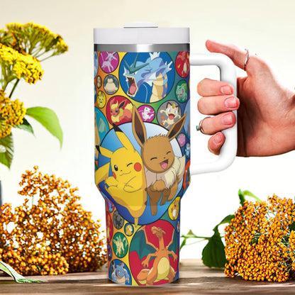 MINISO Pokemon Tumbler, Bulbasaur design with vines, 40oz, stainless steel, handle and straw.