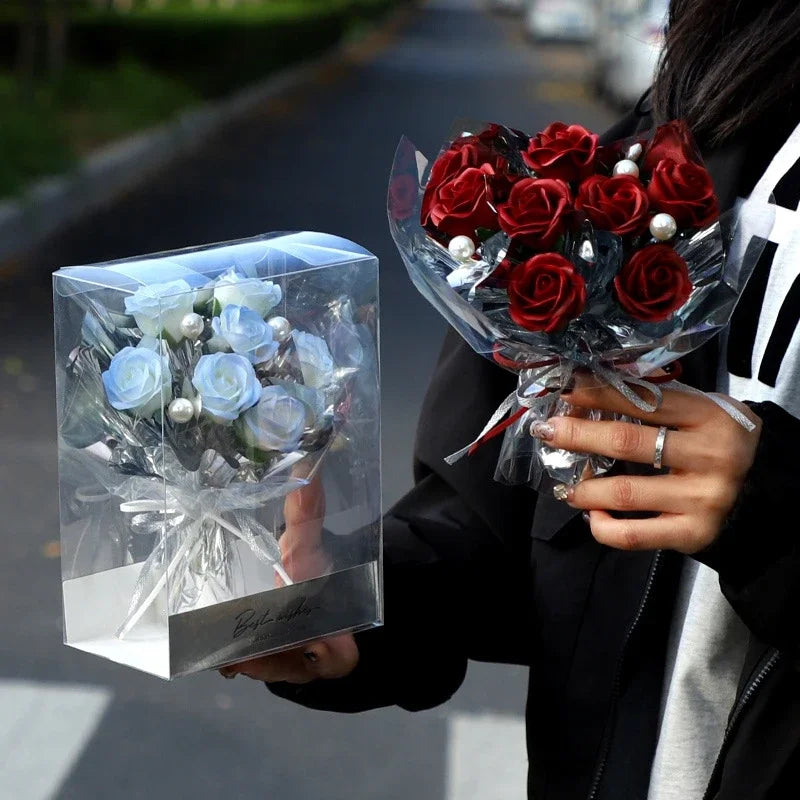 Beautiful red artificial soap roses arranged in an elegant gift box, perfect for Valentine's Day or anniversary gift