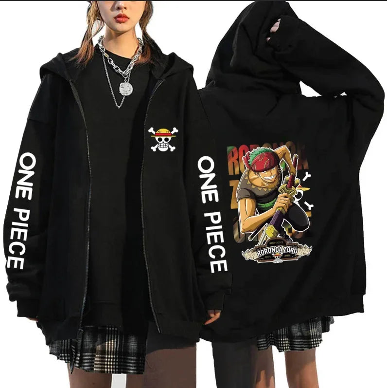 One Piece Hoodie: Luffy & Zoro Front Design. (Focuses on key characters and the view)