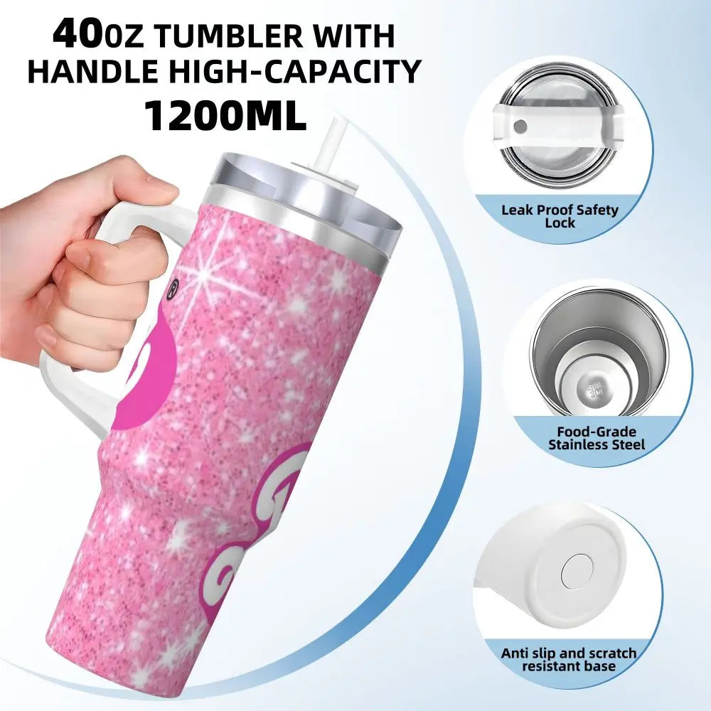 MINISO Barbie 40 oz Tumbler, Pink, Stainless Steel, Insulated, Handle, Straw