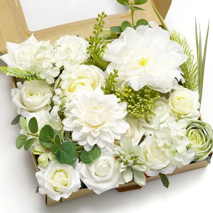 Artificial Flowers Combo Box: Cream Roses, Lavender, Baby's Breath - Romantic Gift Idea