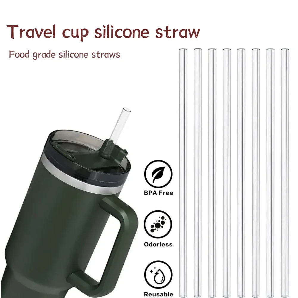 Set of two transparent reusable silicone straws for tumblers and cups, made from food-grade material.