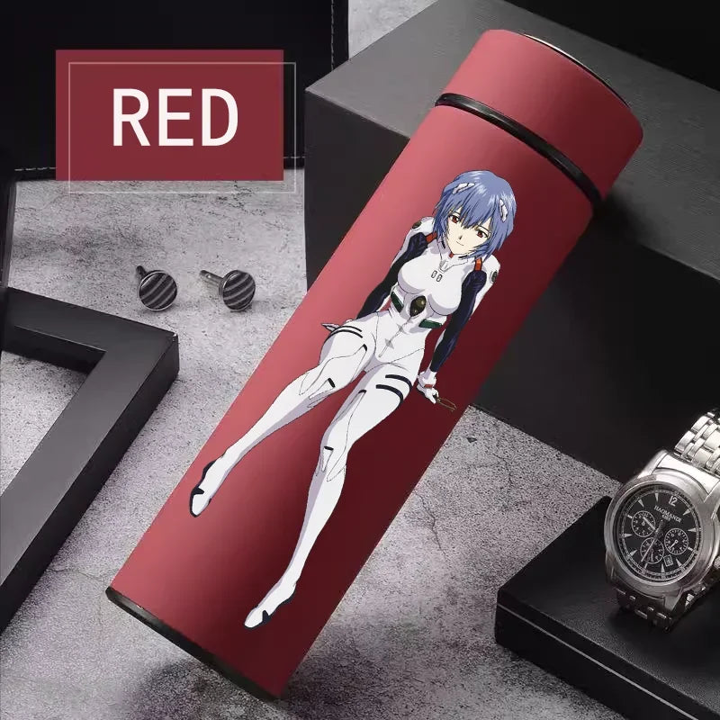 Blue 500ml water bottle, Ayanami Rei, durable stainless steel.