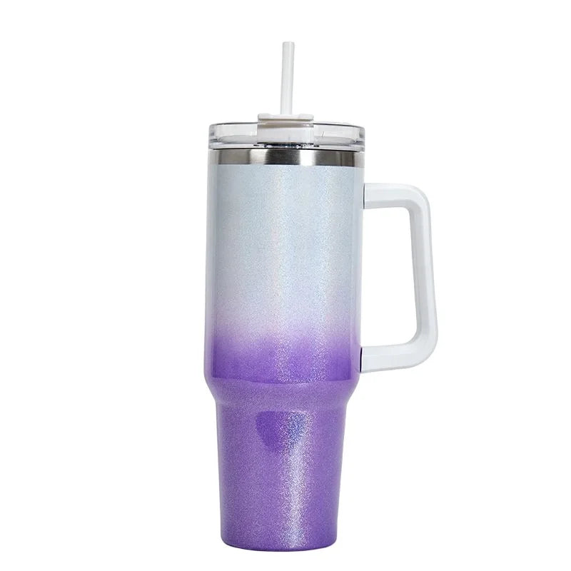 DUTRIEUX 40oz insulated tumbler, rainbow glitter, handle, straw, close-up of glitter gradient.