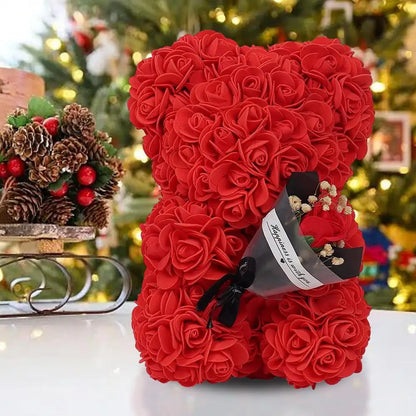 Top view, red rose bear in gift box, Valentine's Day present idea