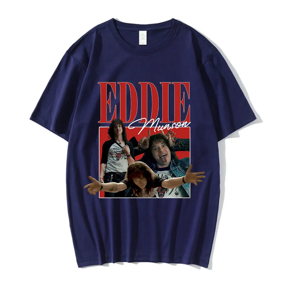 Stranger Things Eddie Munson T-shirt, side view, white background.