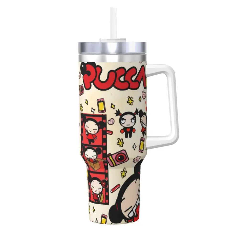 Pucca 40oz insulated tumbler, purple, stainless steel, handle and straw.