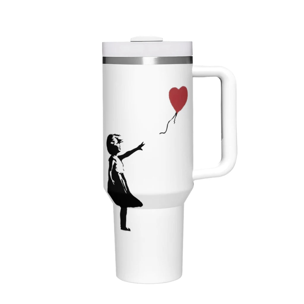 40oz Banksy Tumbler with Handle, Girl With Balloon Art - Side Angle