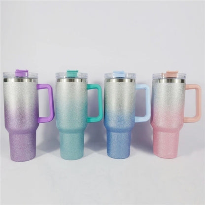 DUTRIEUX 40oz insulated tumbler, rainbow glitter, handle, straw, close-up of glitter gradient.