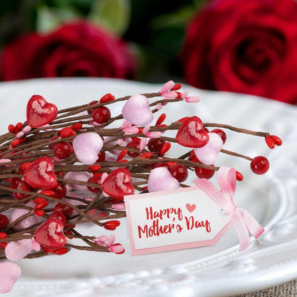 Artificial red berry pick, heart-shaped, for Valentine's Day