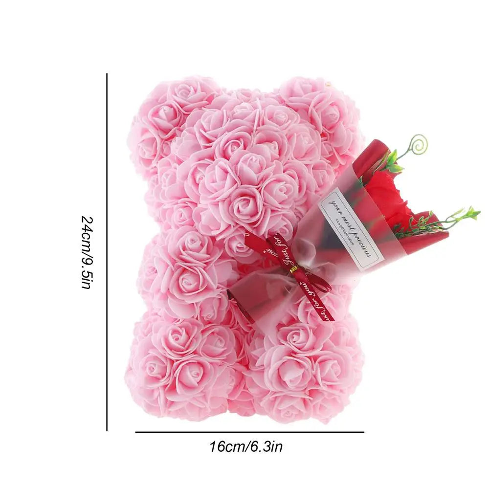 Rose bear in clear gift box, side view, red artificial roses