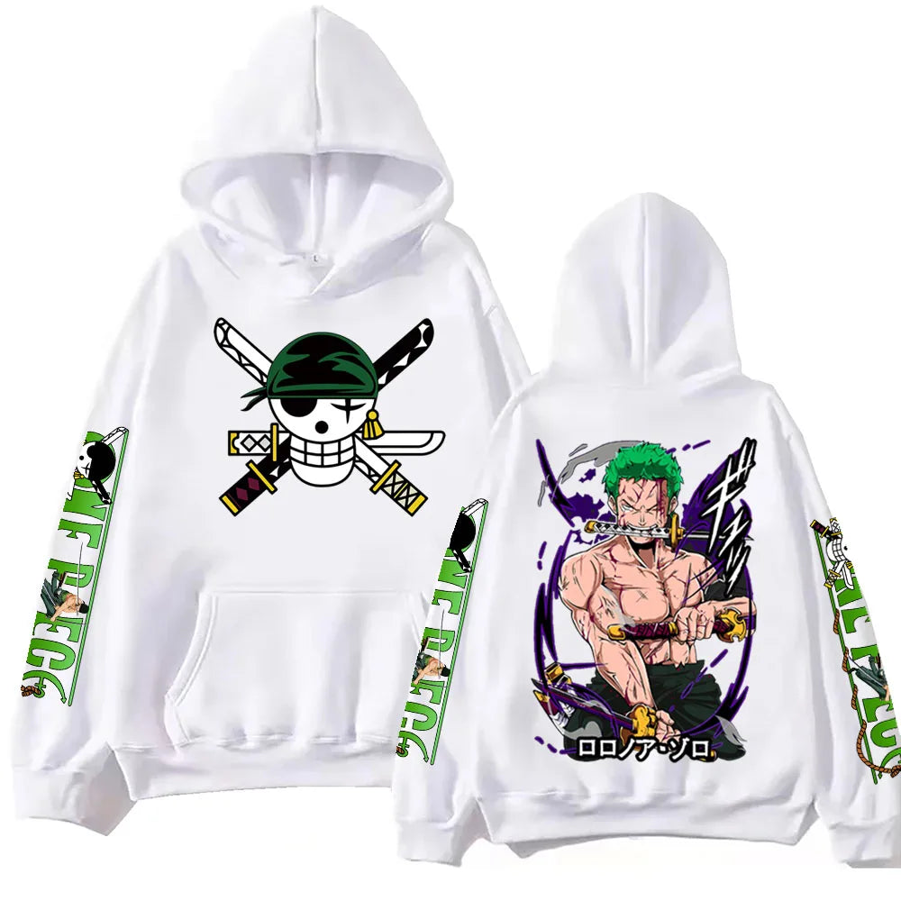 Side view of One Piece anime hoodie, featuring Zoro in a hip hop pose.