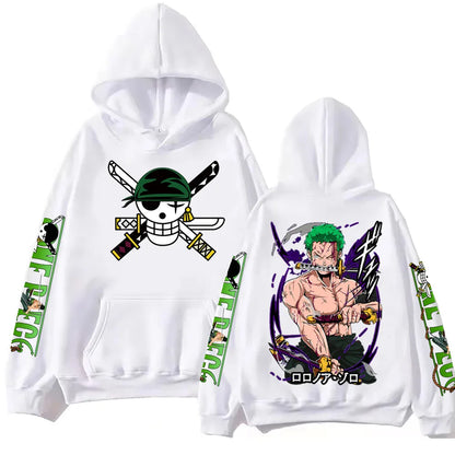 Side view of One Piece anime hoodie, featuring Zoro in a hip hop pose.