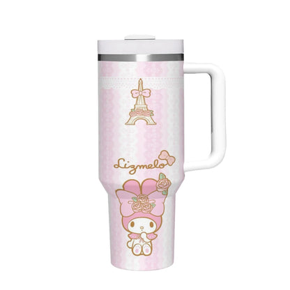 Stainless steel Hello Kitty 40oz insulated tumbler featuring handle and straw.